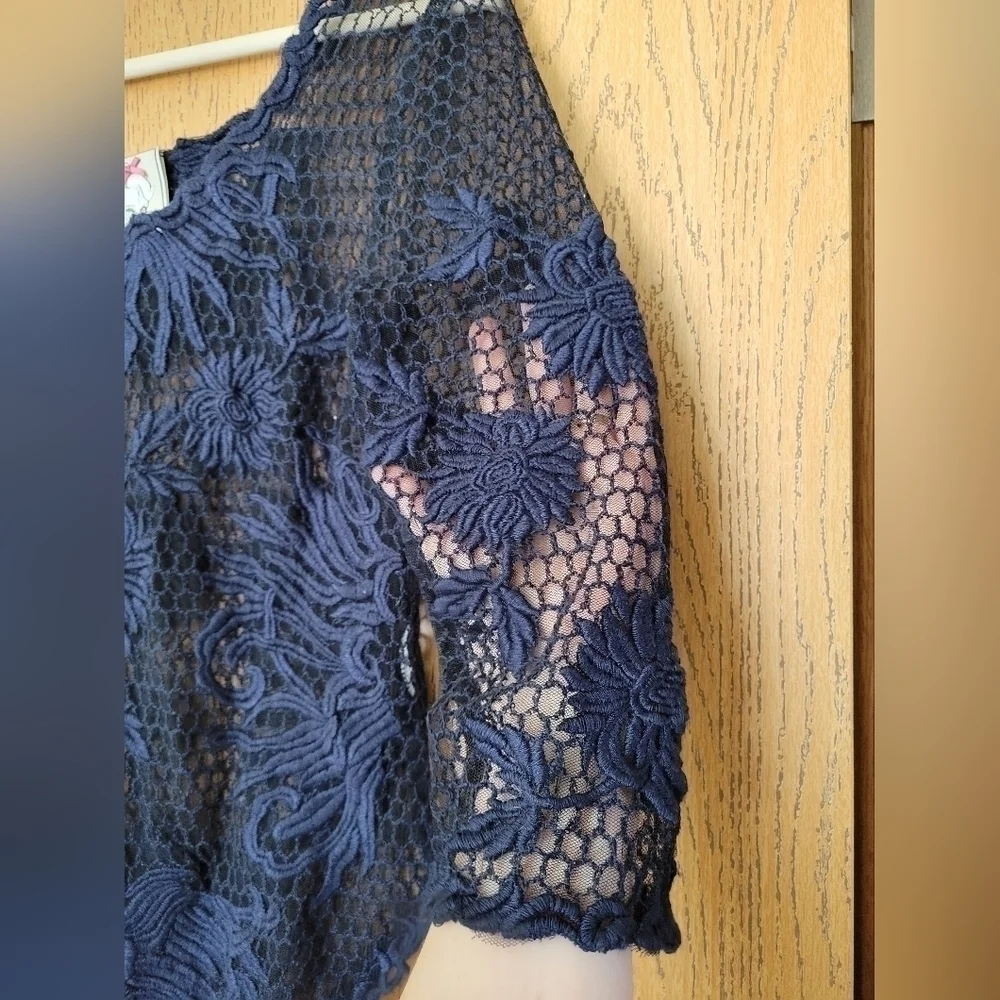 Yoana Baraschi navy blue see-through lace fishnet embroidered 3/4 sleeve top S